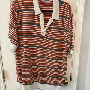 Zara Striped Knit Polo in Orange, Green & Cream